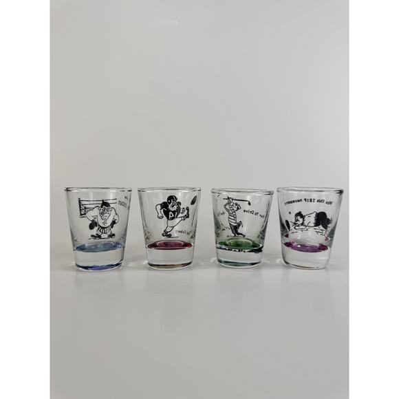 Vintage 1950s Mid Century Modern Barware Kitsch Sports Humor Shot Glass Set of 4 - Picture 3 of 7